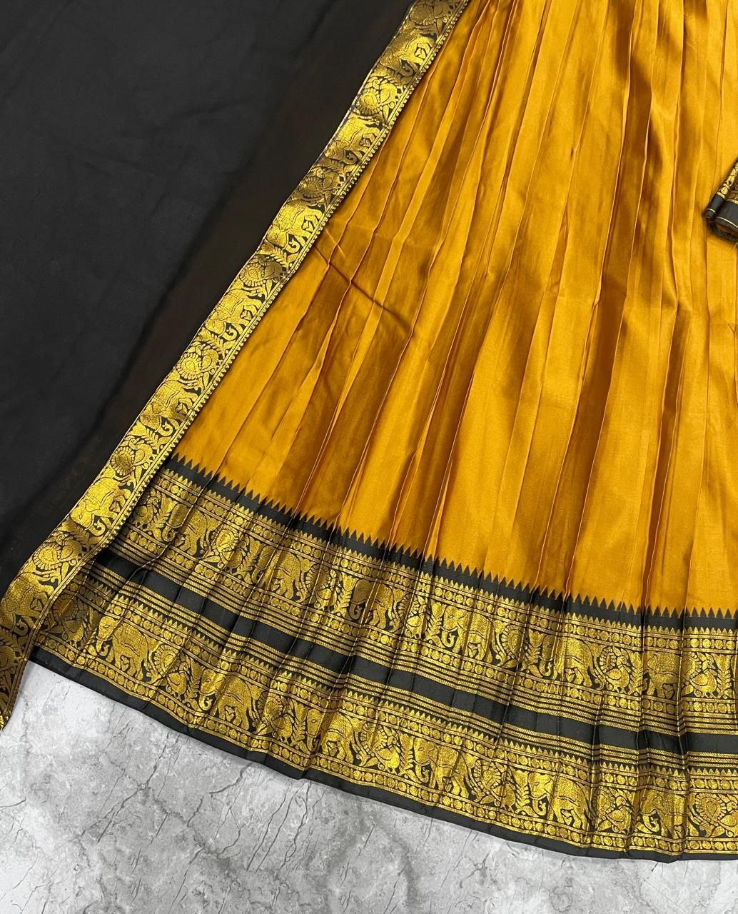 Mustard Yellow & Jet Black Kanci Cotton Silk Zari Weaving Work South Indian Half Saree Langa Voni Set