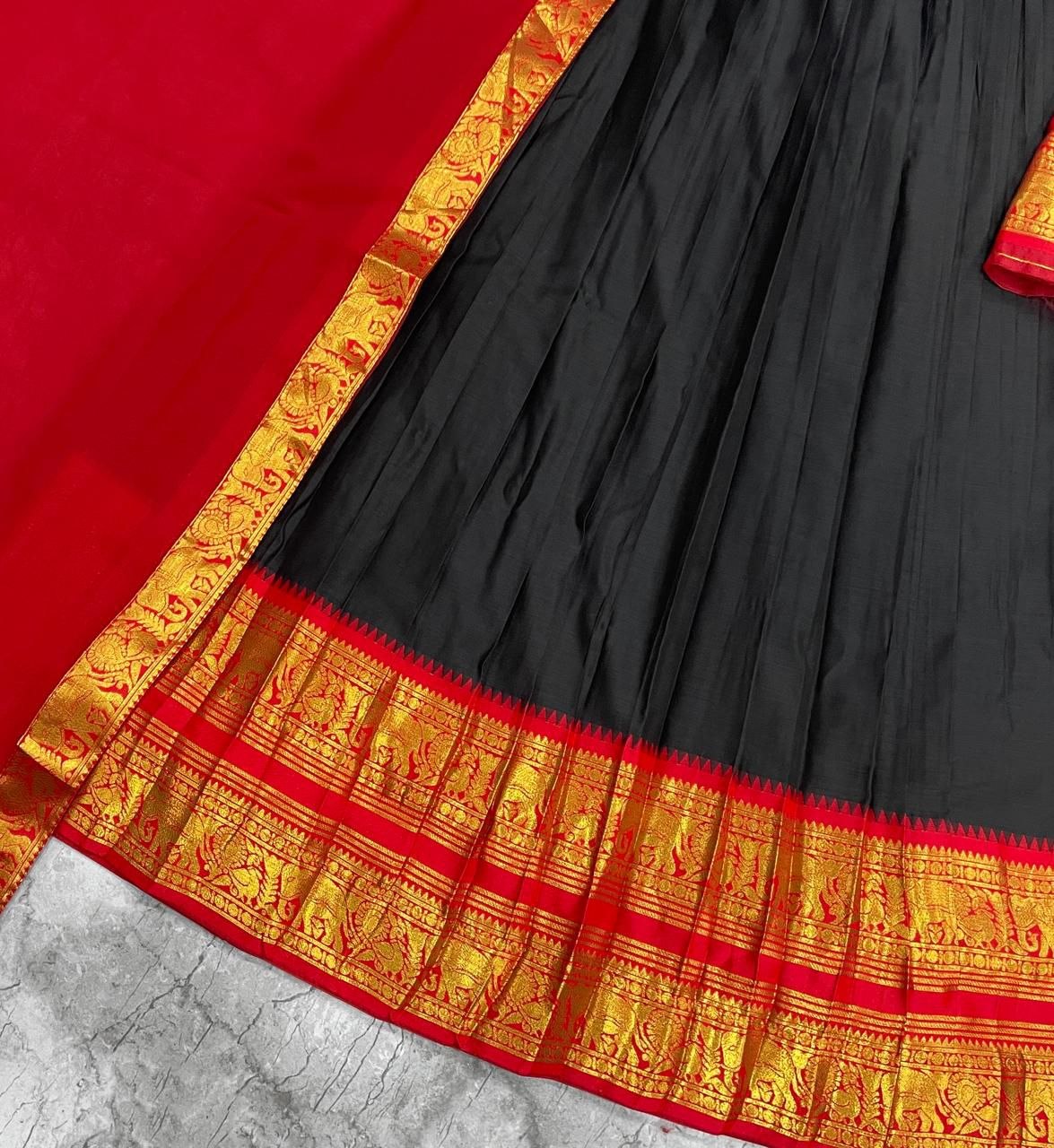 Jet Black & Bright Red Kanci Cotton Silk Zari Weaving Work South Indian Half Saree Langa Voni Set