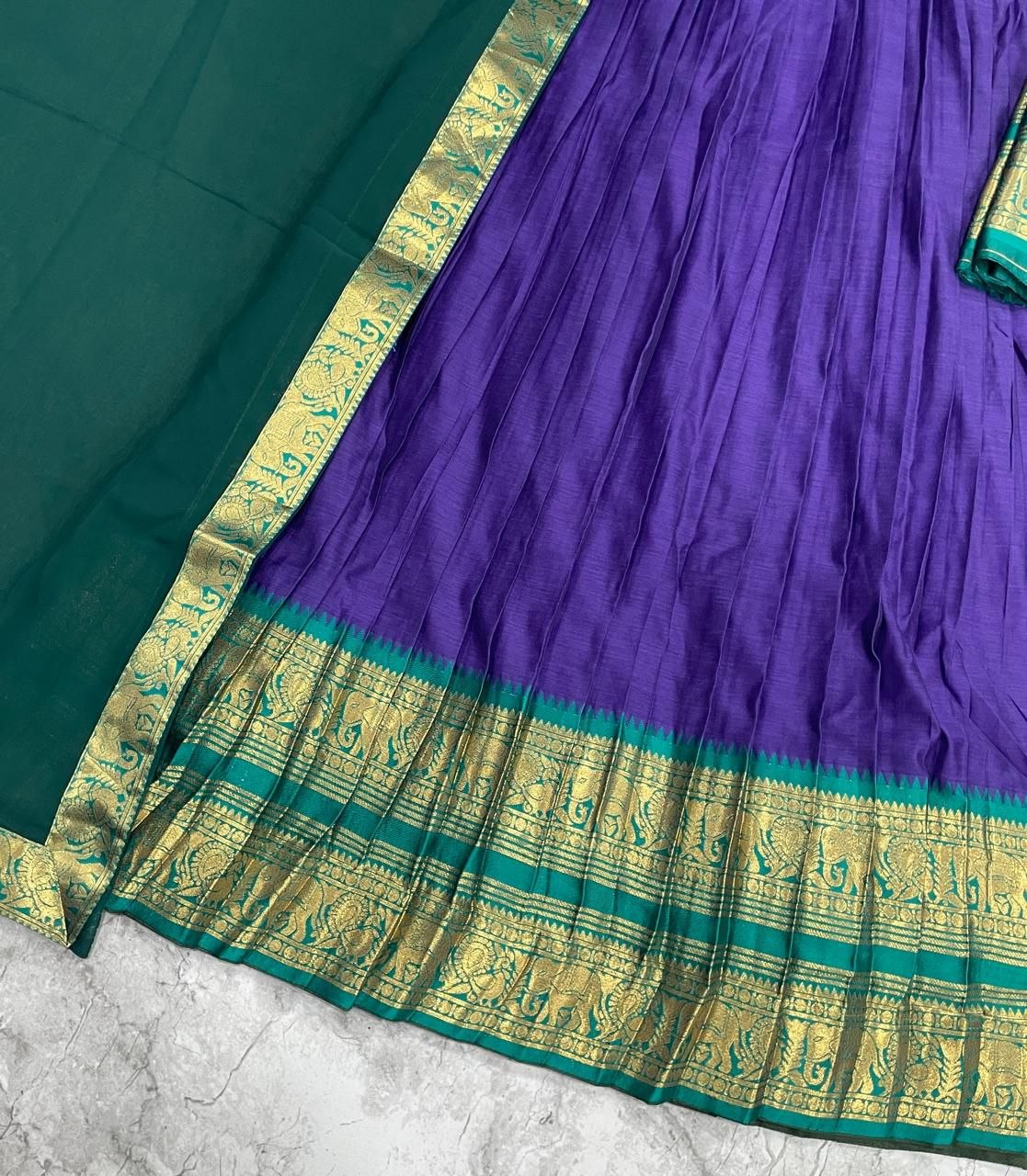 Royal Purple & Bottle Green Kanci Cotton Silk Zari Weaving Work South Indian Half Saree Langa Voni Set