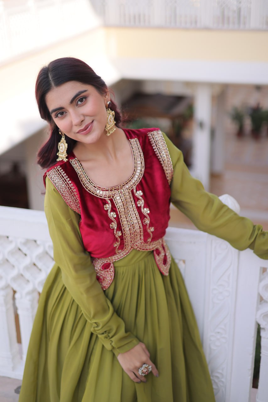 Parrot Chanderi Silk Sequins Embroidered Work Gown