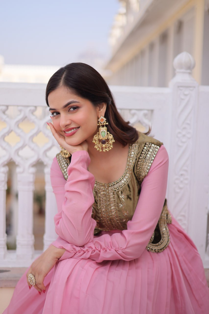 Pink Chanderi Silk Sequins Embroidered Work Gown