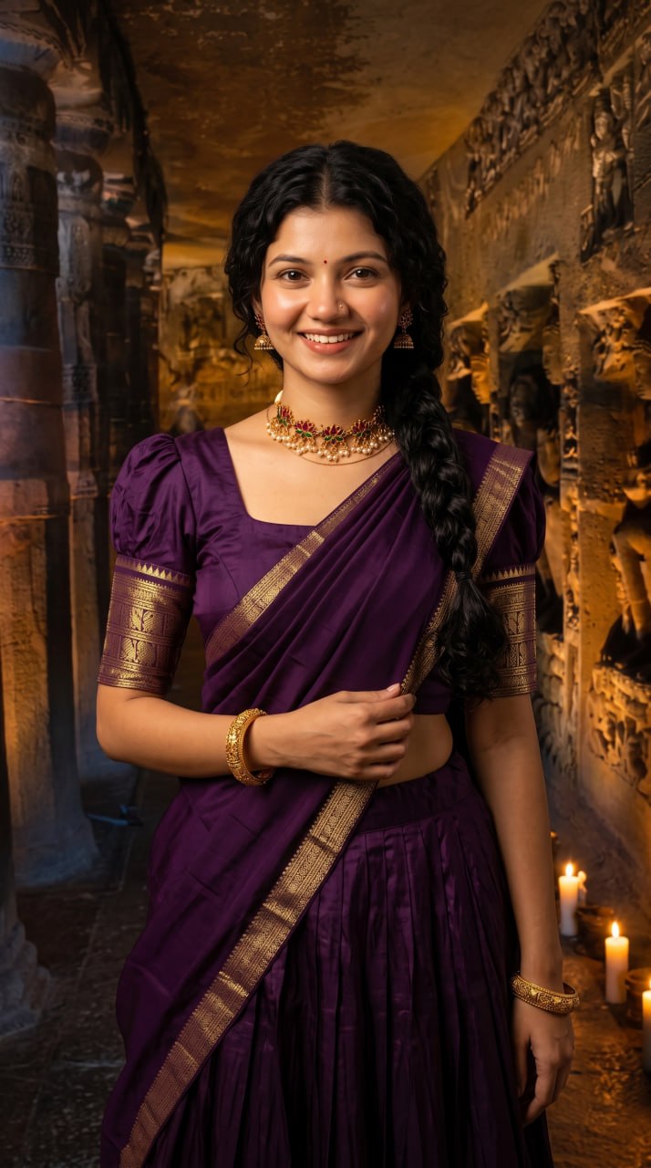 Royal Purple Kanci Cotton Silk Zari Weaving Work South Indian Half Saree Langa Voni Set