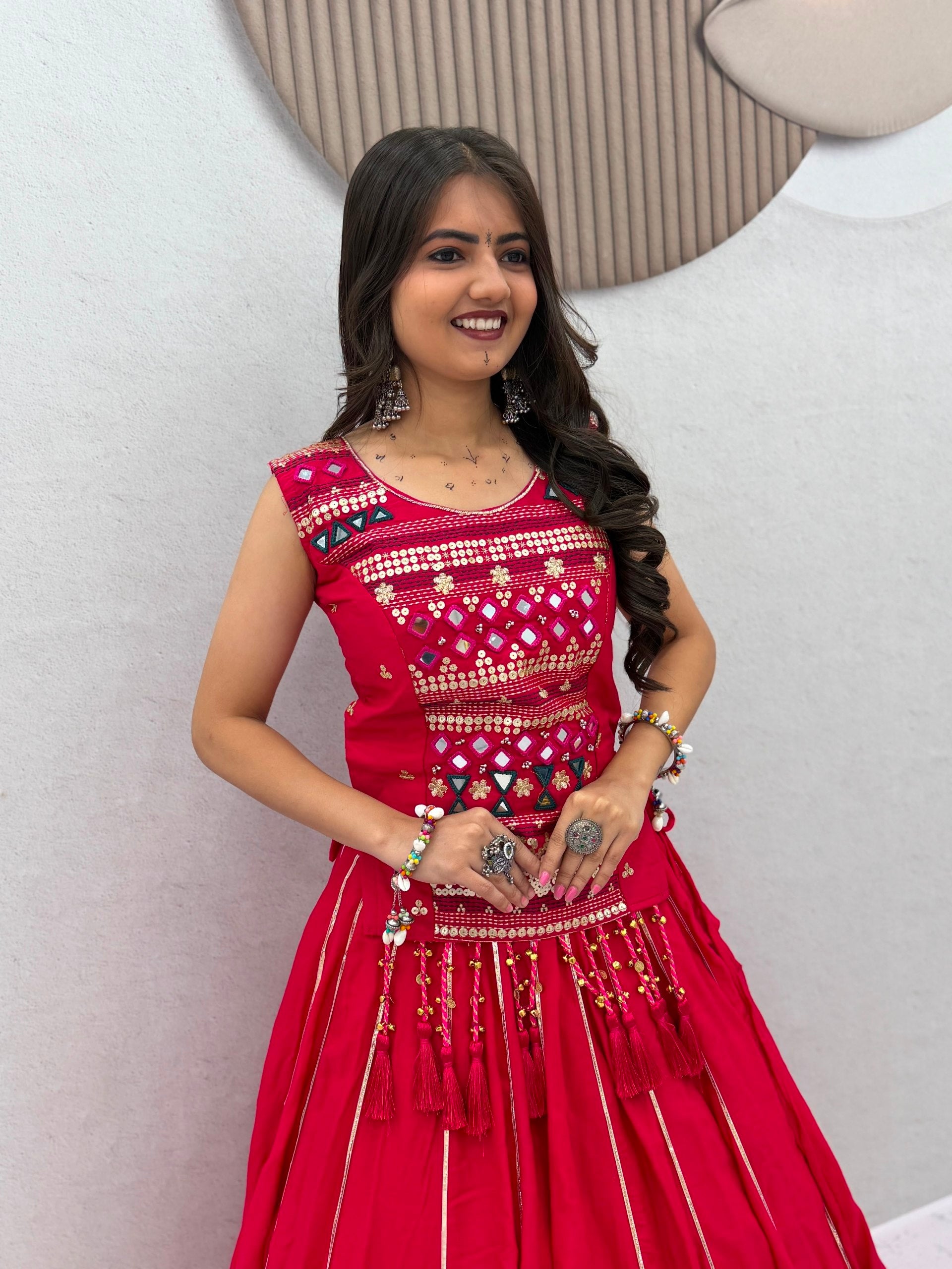 Red Pure Cotton Mirror Hand Work & Ribbon Work Navratri Chaniya Choli Set
