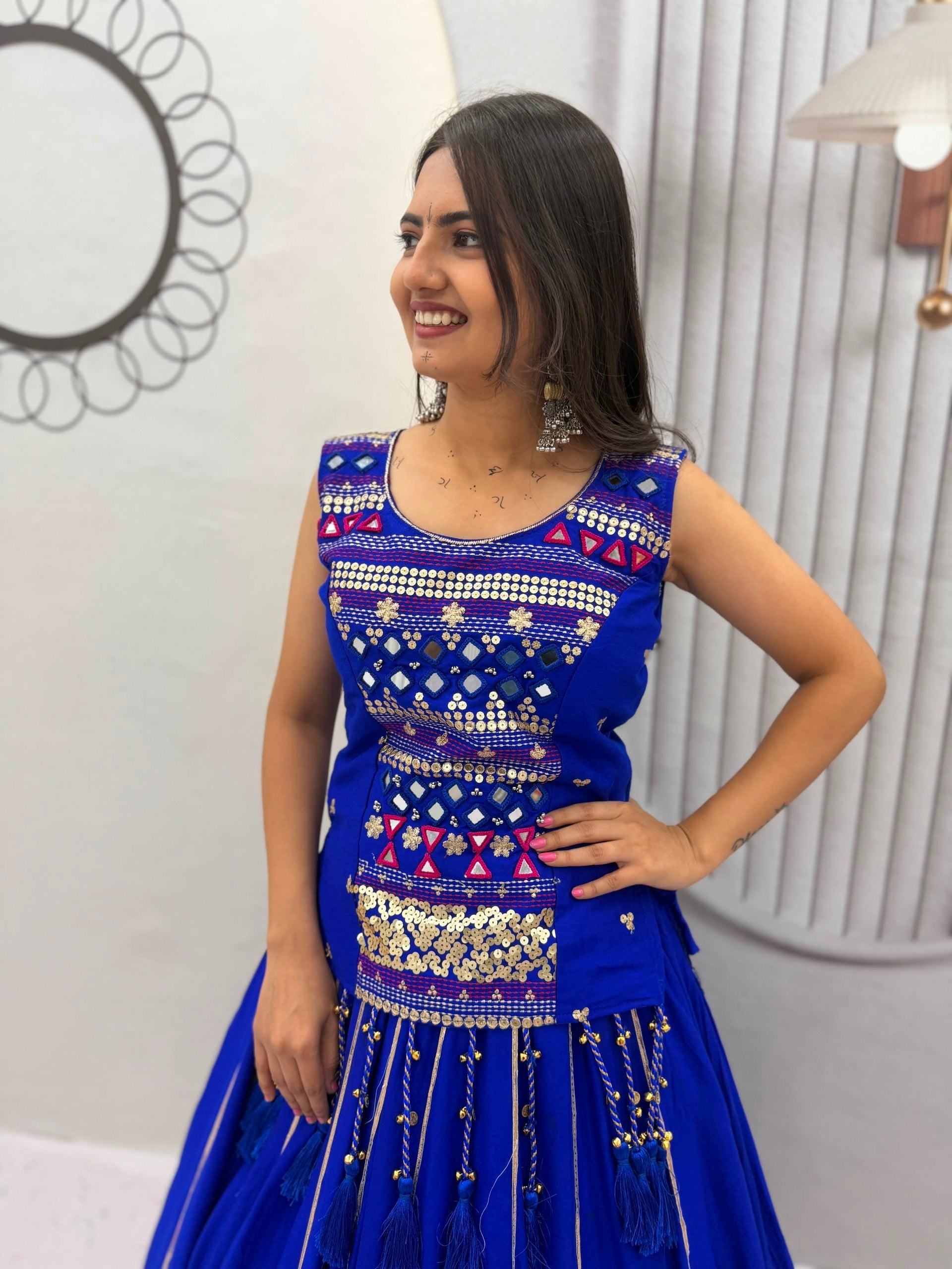 Royal Blue Pure Cotton Mirror Hand Work & Ribbon Work Navratri Chaniya Choli Set