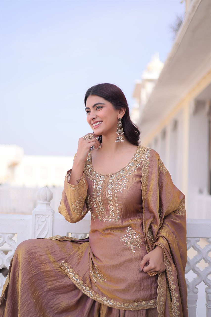 Dark Peach Fendi Crush With Zari Sequins Embroidered Work Sharara