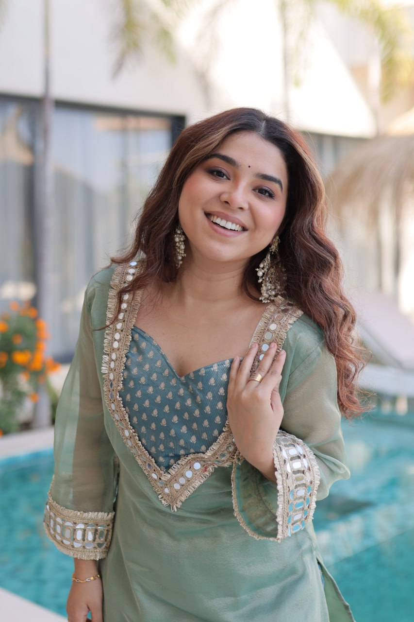 Sky Salasa Fabrics With Mirror Lace Work Salwar Suit