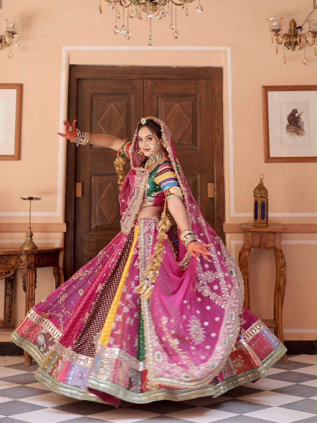 Multi-Color Rani Pink & Emerald Green Heavy Muslin Cotton With Digital Print & Fully Real Mirror Work Navratri Chaniya Choli Set