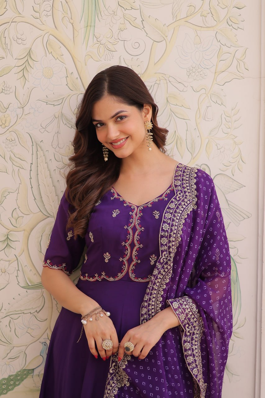 Deep Purple Mal Chanderi Anarkali Suit with Beads & Thread Embroidery