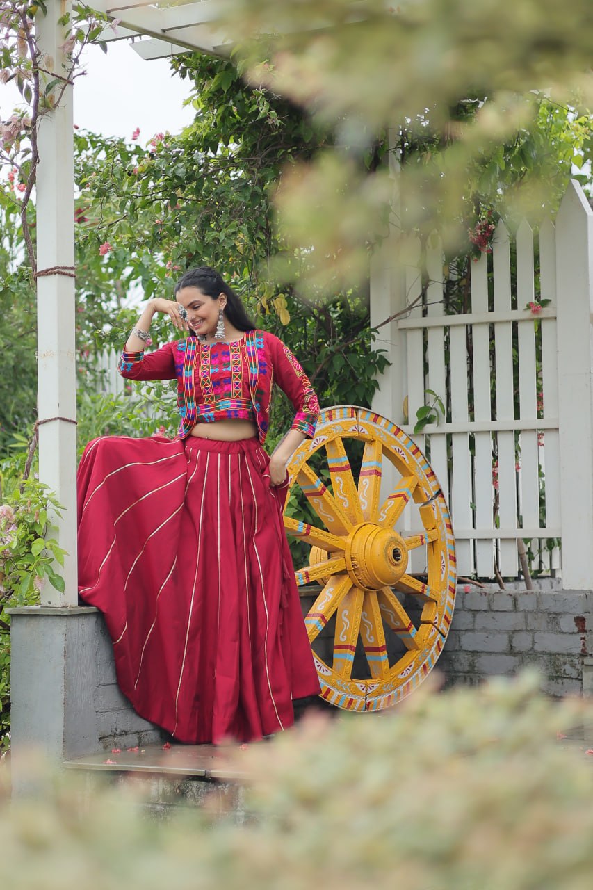 Maroon Roman Fabric With Kutchi Gamthi Embroidered Work Navratri Lehenga Choli