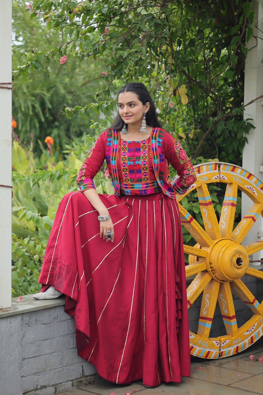 Maroon Roman Fabric With Kutchi Gamthi Embroidered Work Navratri Lehenga Choli