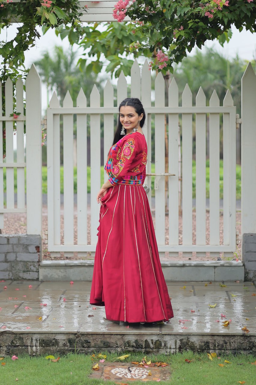Maroon Roman Fabric With Kutchi Gamthi Embroidered Work Navratri Lehenga Choli