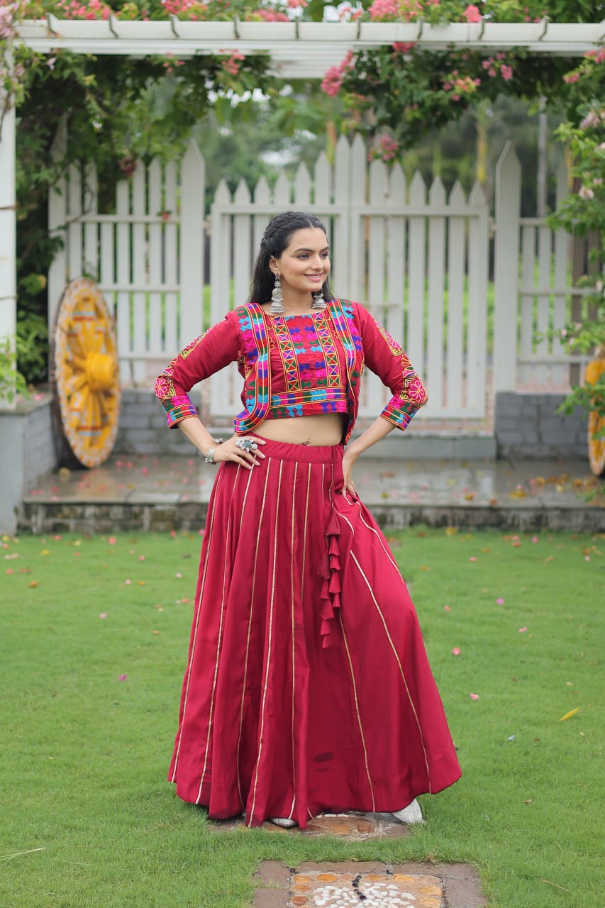 Maroon Roman Fabric With Kutchi Gamthi Embroidered Work Navratri Lehenga Choli