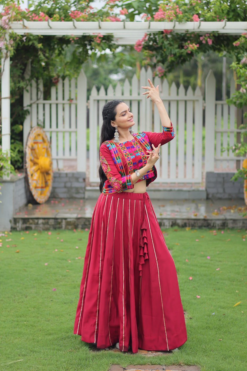 Maroon Roman Fabric With Kutchi Gamthi Embroidered Work Navratri Lehenga Choli