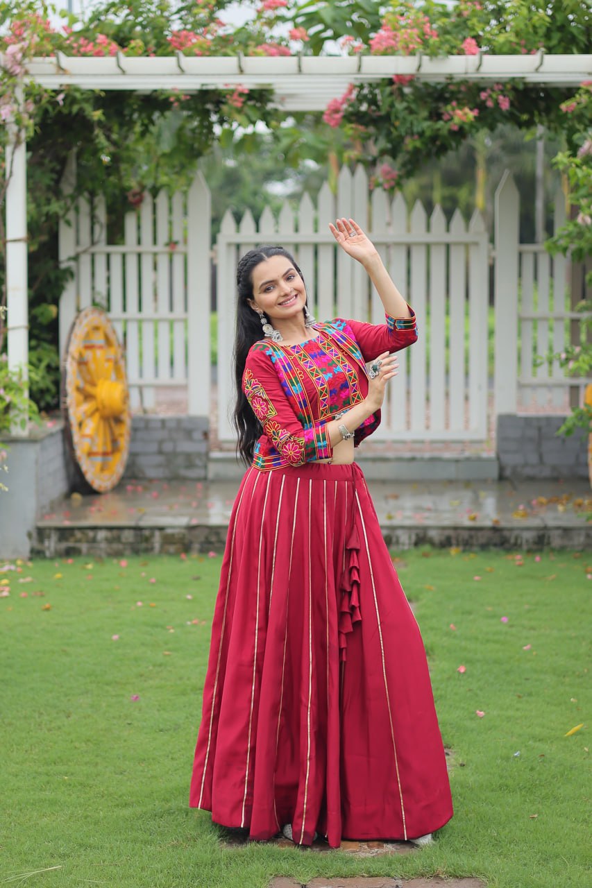 Maroon Roman Fabric With Kutchi Gamthi Embroidered Work Navratri Lehenga Choli