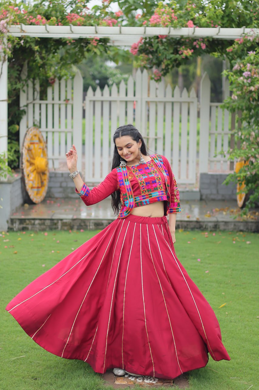 Maroon Roman Fabric With Kutchi Gamthi Embroidered Work Navratri Lehenga Choli