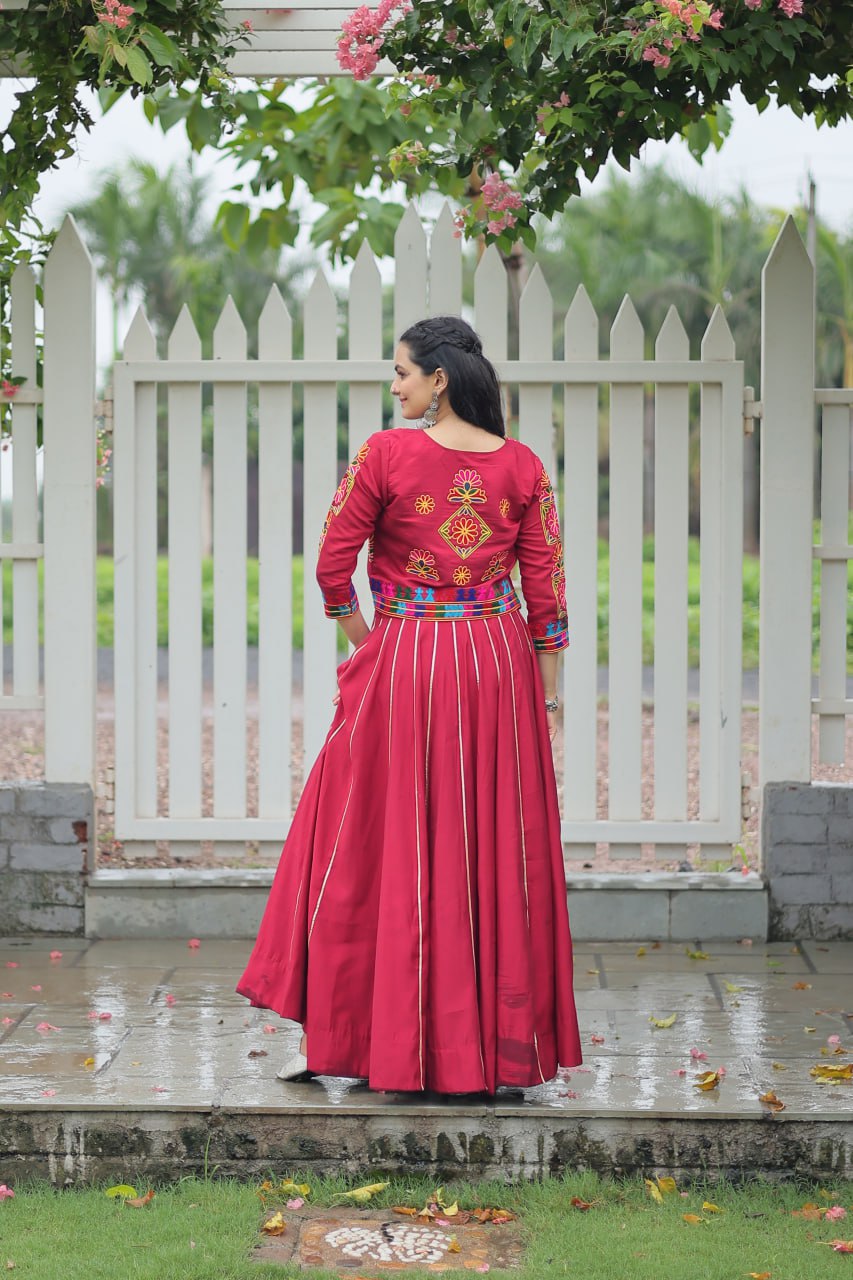 Maroon Roman Fabric With Kutchi Gamthi Embroidered Work Navratri Lehenga Choli