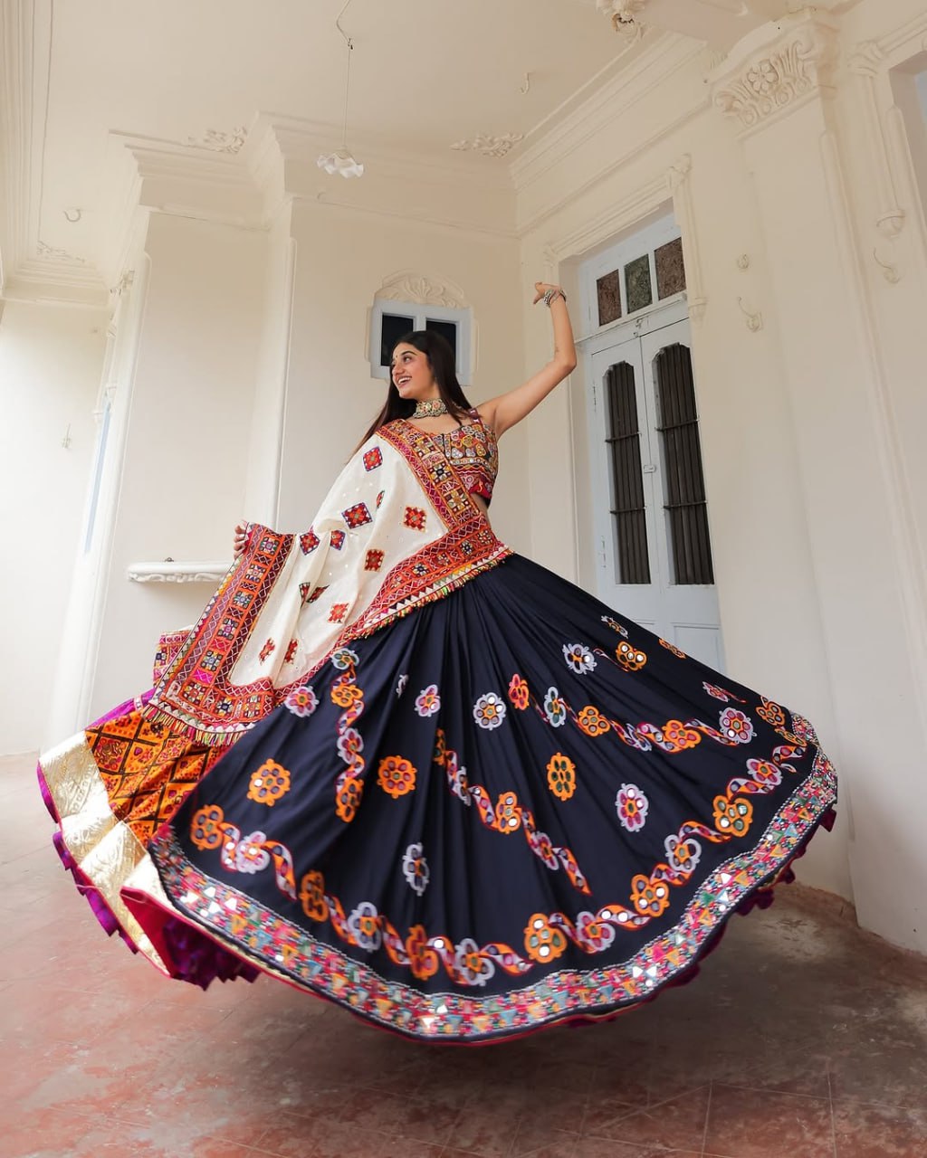 Multicolor Muslin Cotton Real Mirror Work Navratri Lehenga Choli