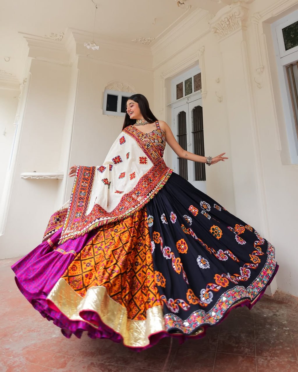 Multicolor Muslin Cotton Real Mirror Work Navratri Lehenga Choli