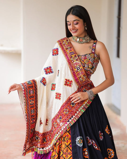 Multicolor Muslin Cotton Real Mirror Work Navratri Lehenga Choli