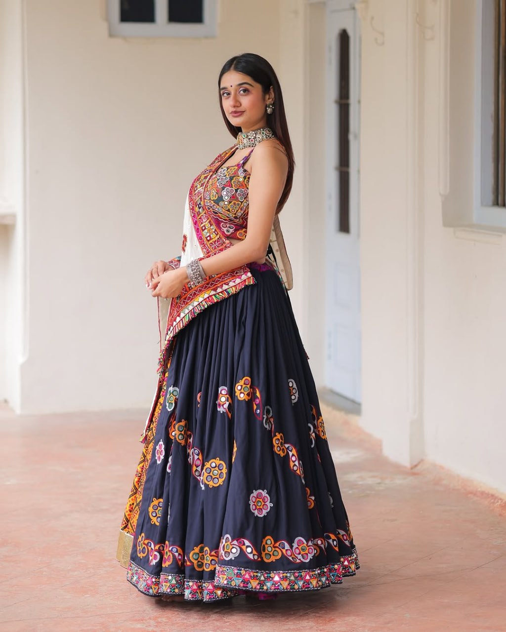 Multicolor Muslin Cotton Real Mirror Work Navratri Lehenga Choli