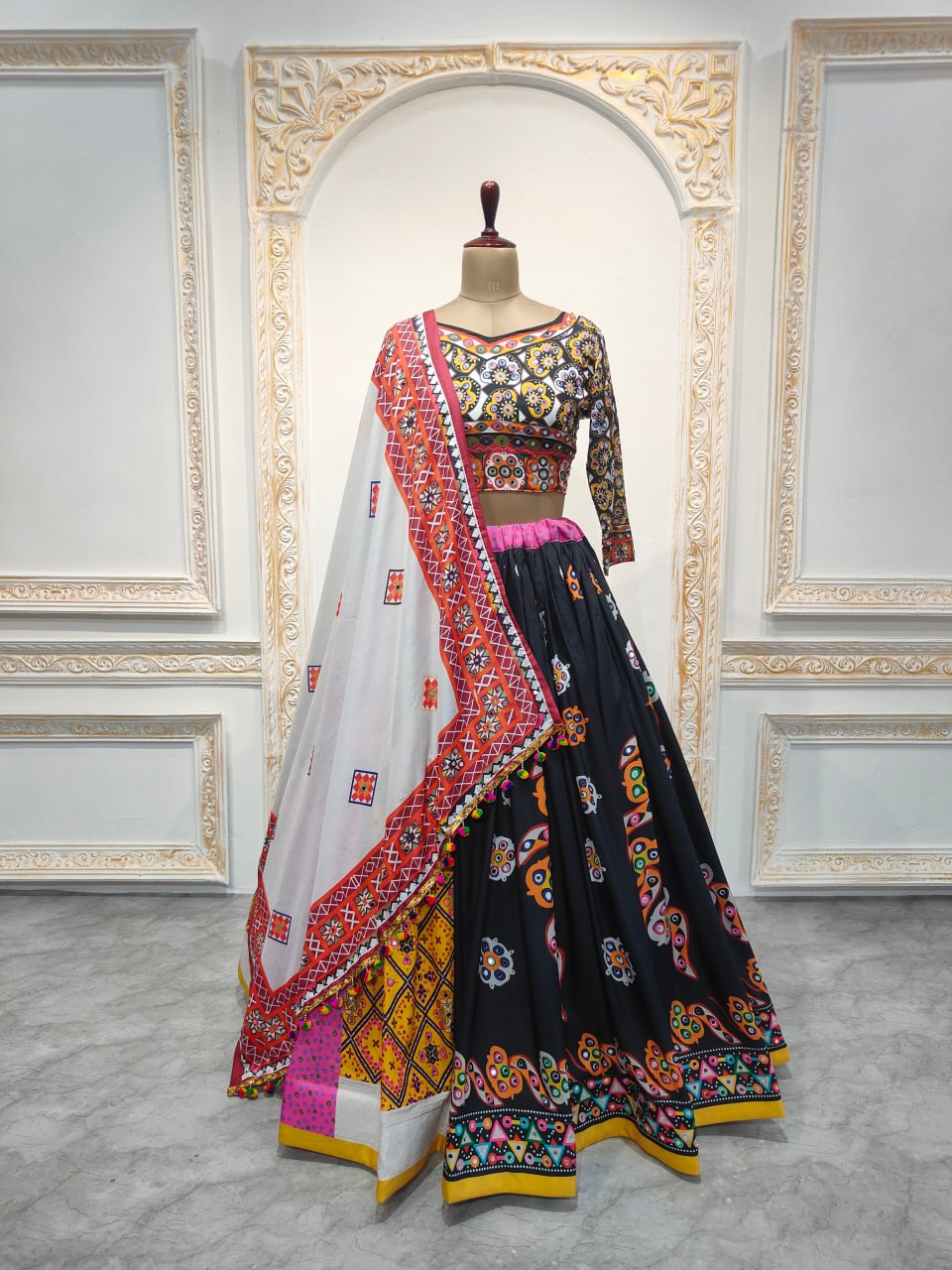 Multicolor Muslin Cotton Real Mirror Work Navratri Lehenga Choli