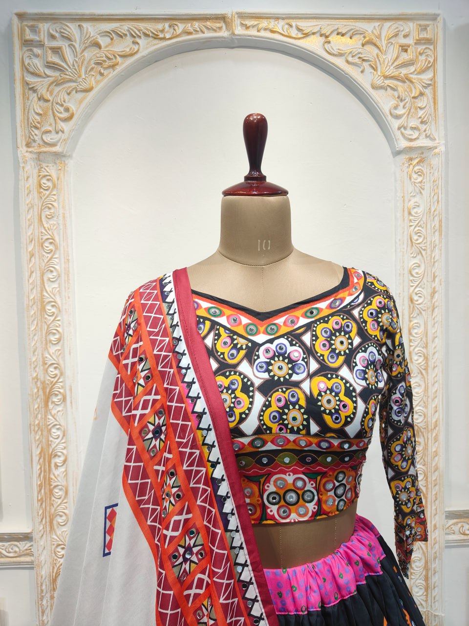 Multicolor Muslin Cotton Real Mirror Work Navratri Lehenga Choli