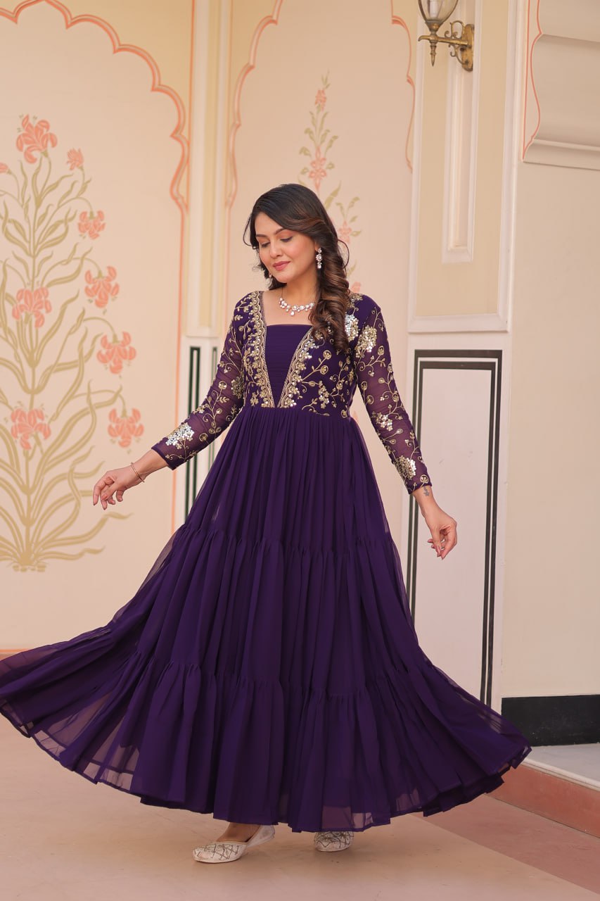 Purple Faux Blooming With Sequins Zari Embroidered Work Gown
