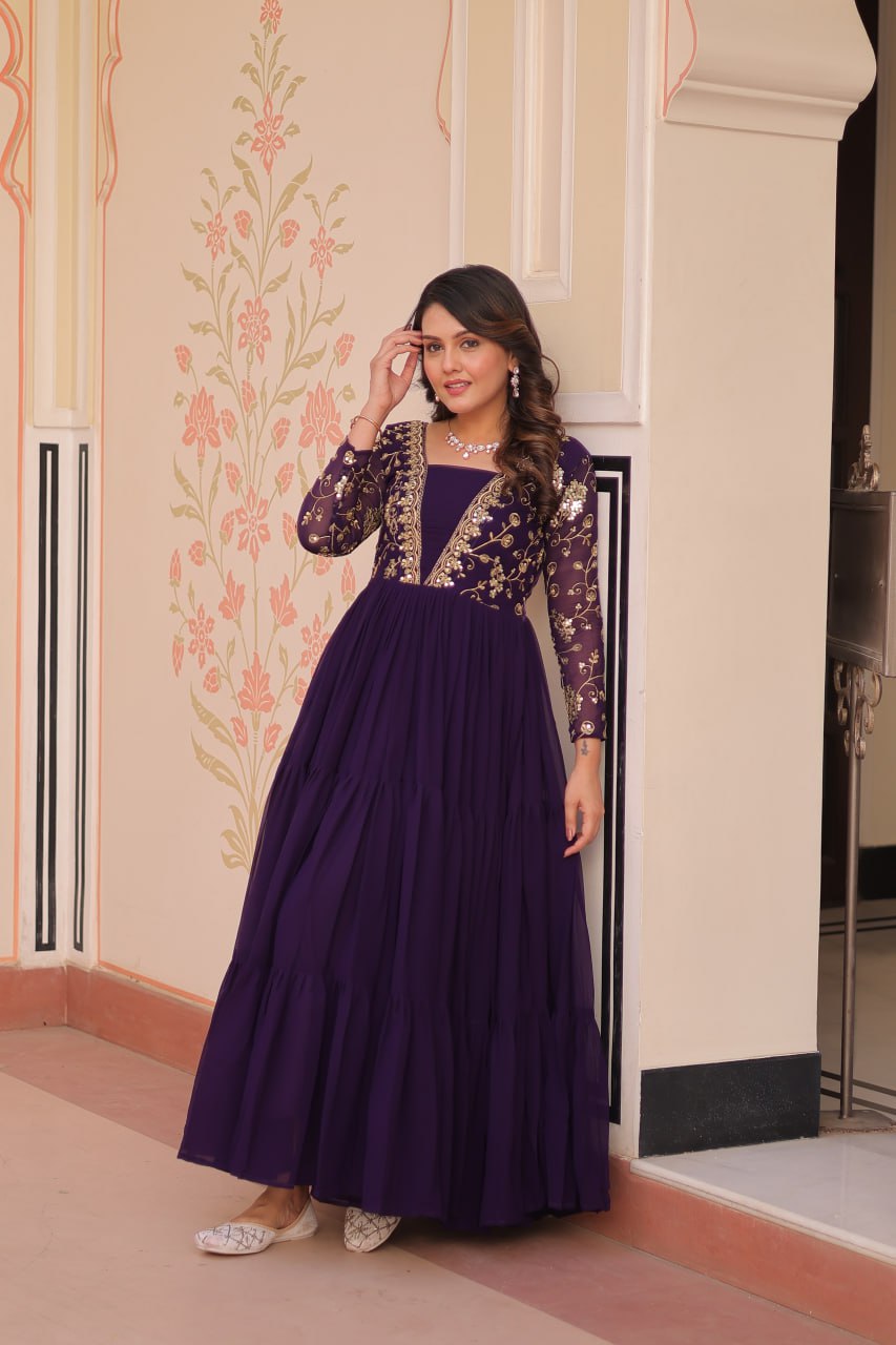 Purple Faux Blooming With Sequins Zari Embroidered Work Gown