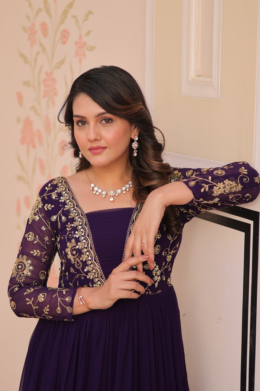 Purple Faux Blooming With Sequins Zari Embroidered Work Gown
