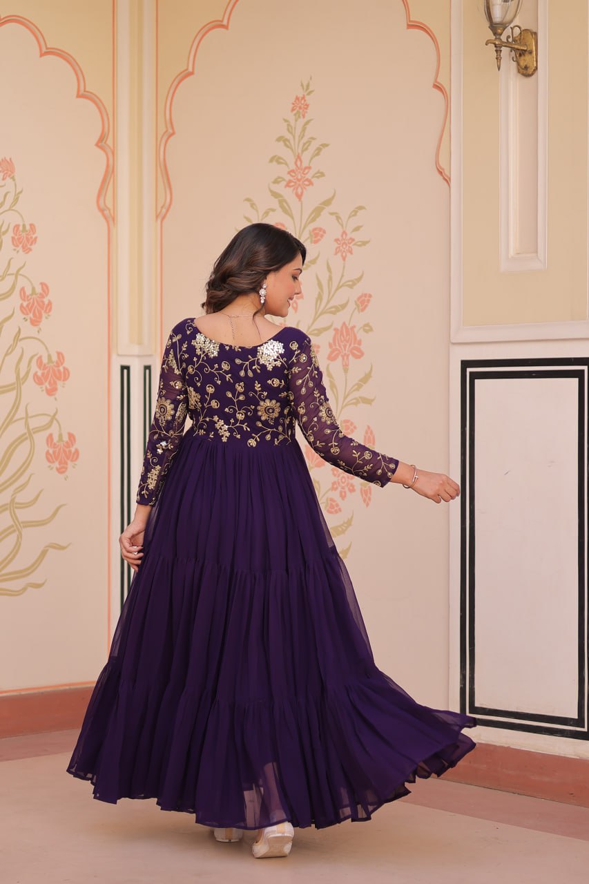 Purple Faux Blooming With Sequins Zari Embroidered Work Gown