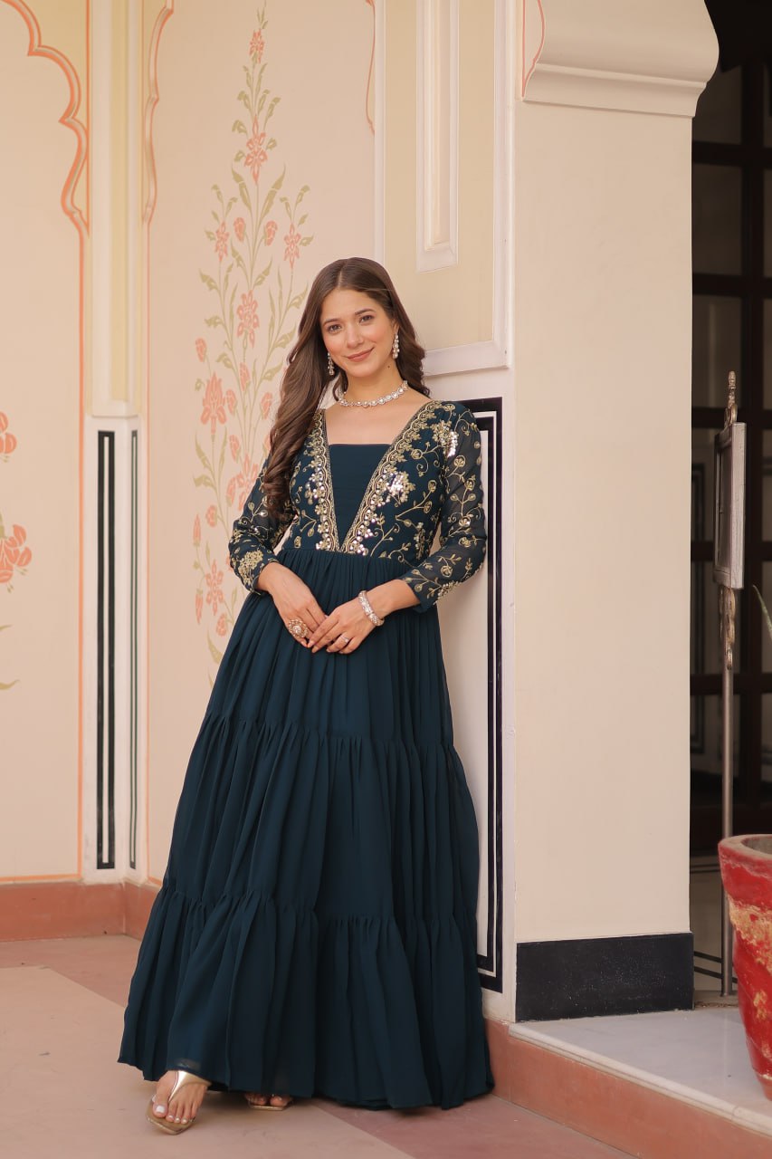Rama Faux Blooming With Sequins Zari Embroidered Work Gown