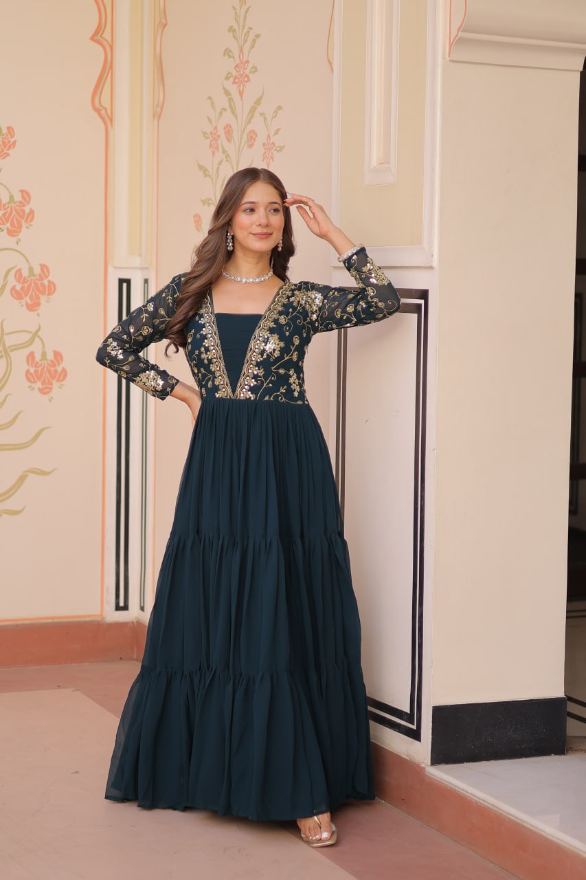 Rama Faux Blooming With Sequins Zari Embroidered Work Gown