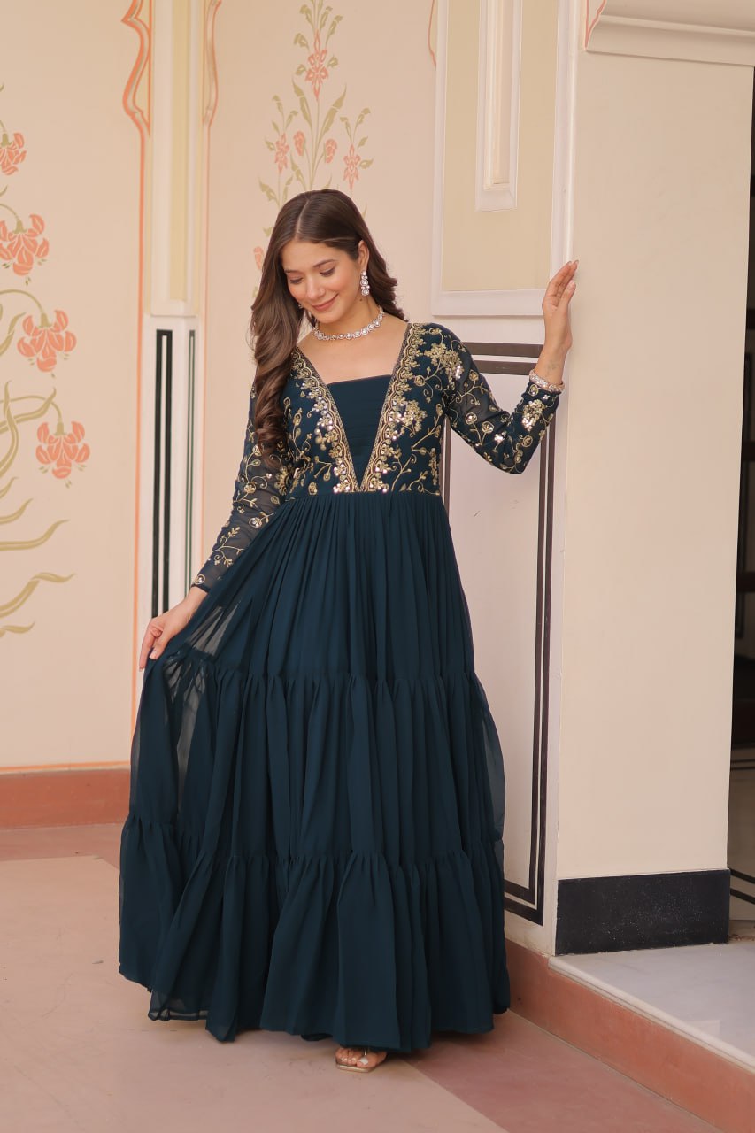 Rama Faux Blooming With Sequins Zari Embroidered Work Gown
