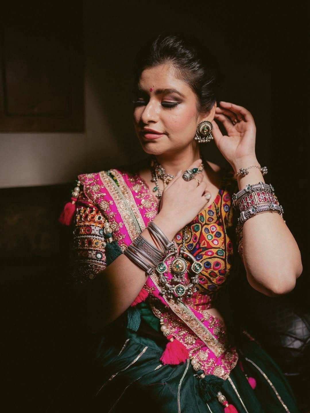Bottle Green & Rani Pink Heavy Muslin Cotton Beautiful Digital Print & Real Mirror Work With Gota Patti Navratri Chaniya Choli Set