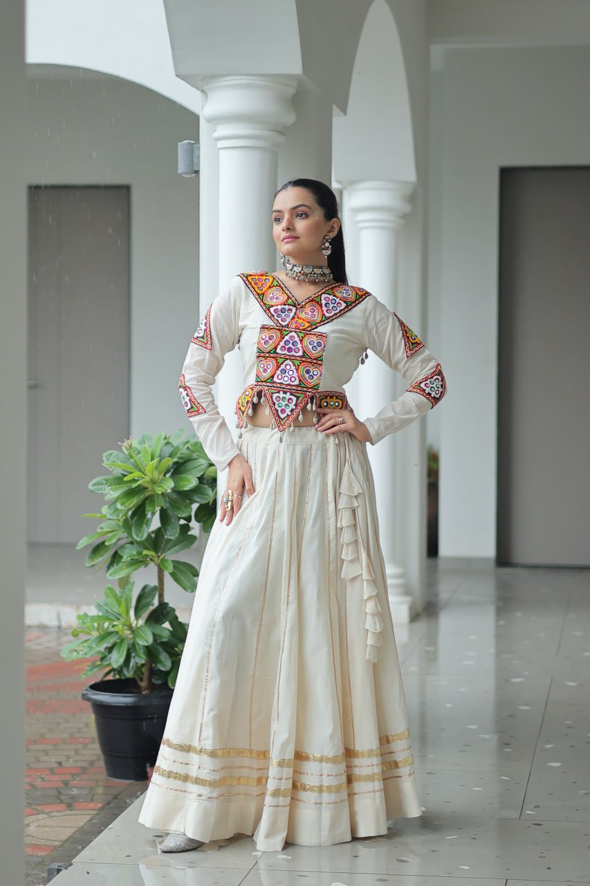 White Kora Cotton Kutchi Gamthi Embroidered Work Navratri Lehenga Choli