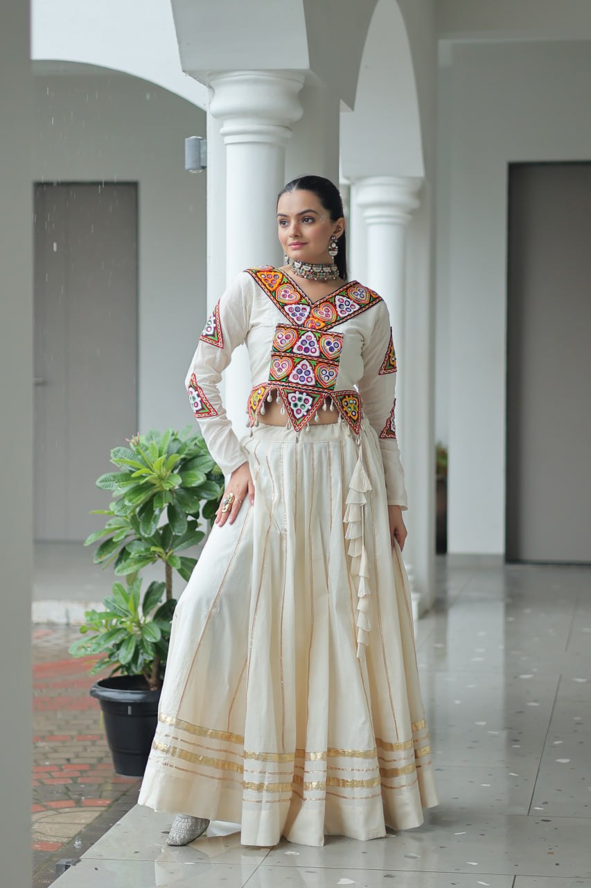 White Kora Cotton Kutchi Gamthi Embroidered Work Navratri Lehenga Choli