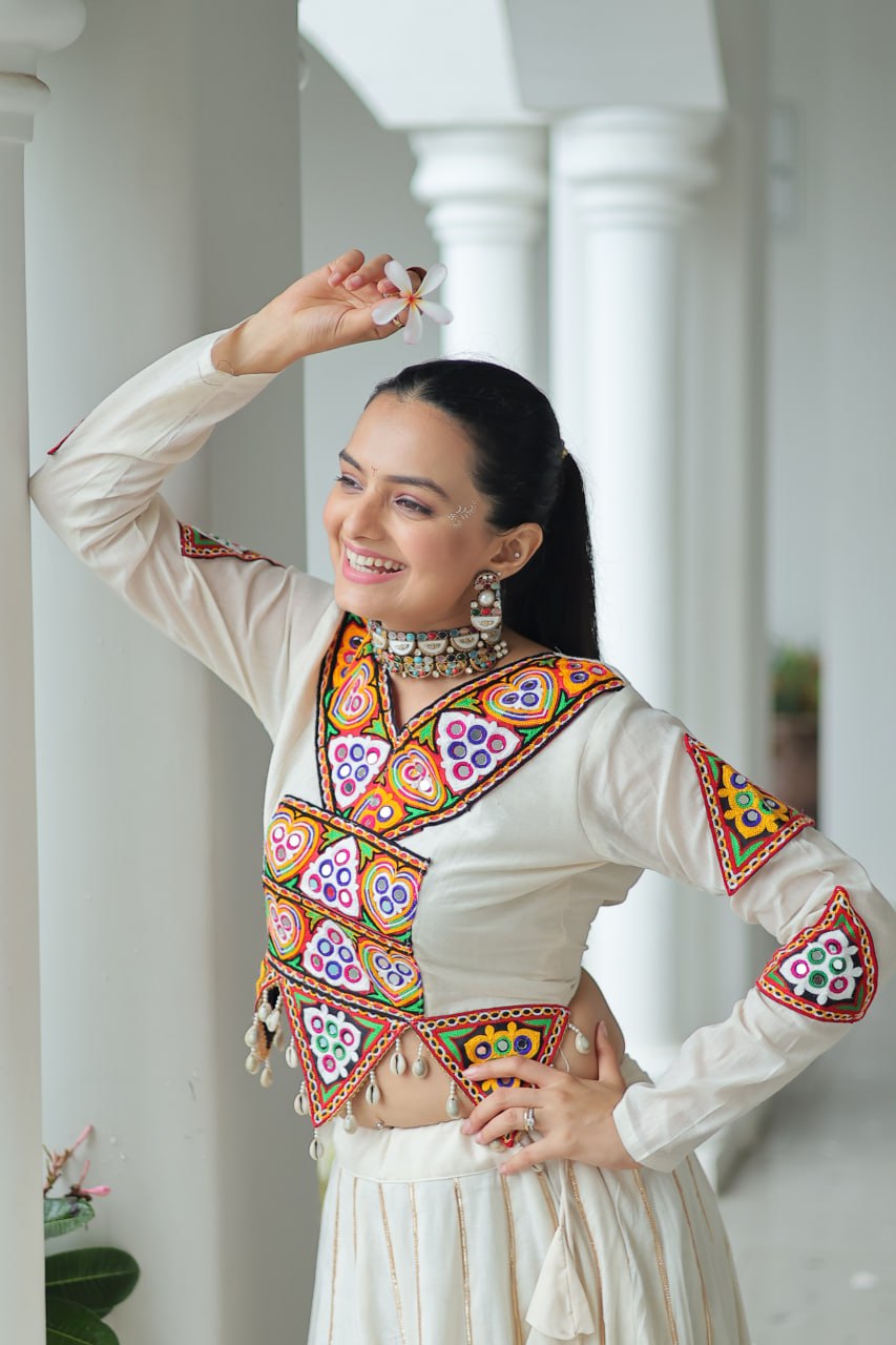 White Kora Cotton Kutchi Gamthi Embroidered Work Navratri Lehenga Choli