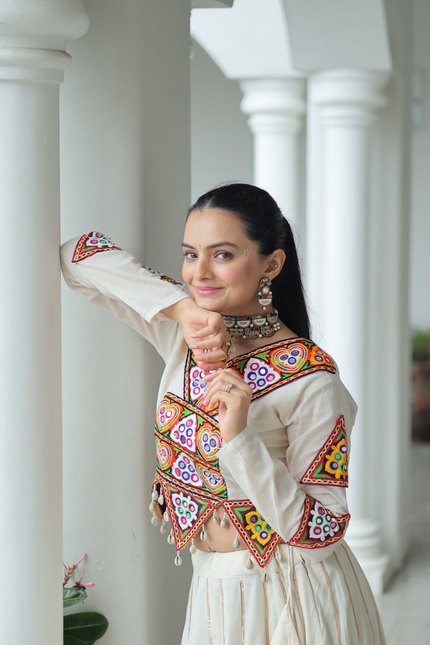 White Kora Cotton Kutchi Gamthi Embroidered Work Navratri Lehenga Choli