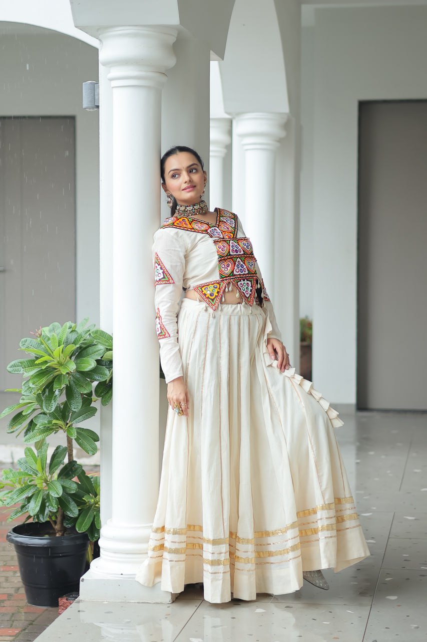 White Kora Cotton Kutchi Gamthi Embroidered Work Navratri Lehenga Choli