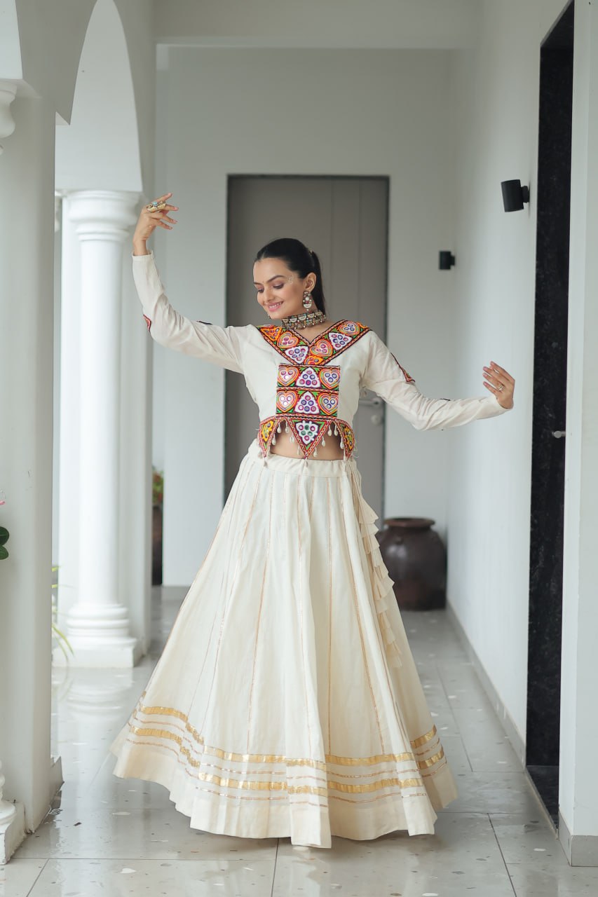 White Kora Cotton Kutchi Gamthi Embroidered Work Navratri Lehenga Choli