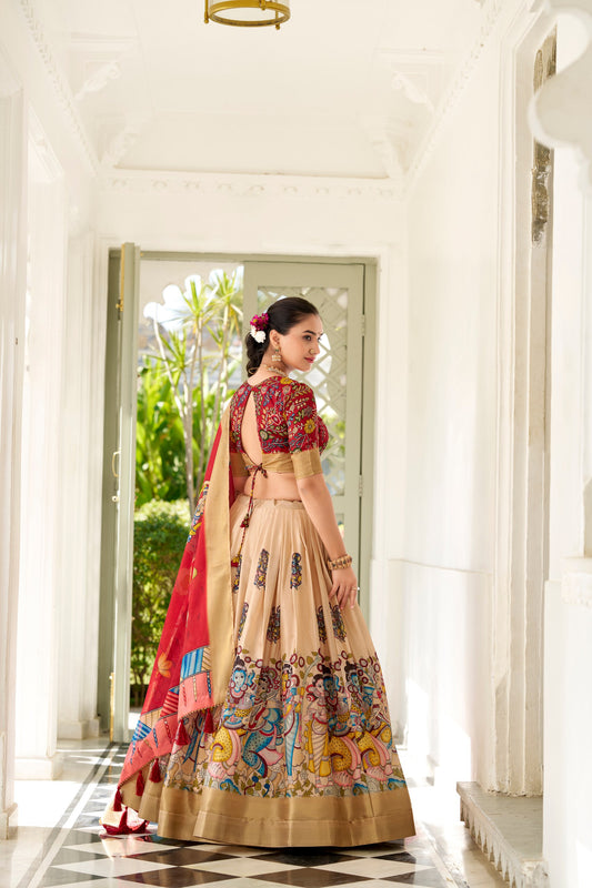 Cream Dola Silk Kalamkari Print With Weaving Border Lehenga Choli