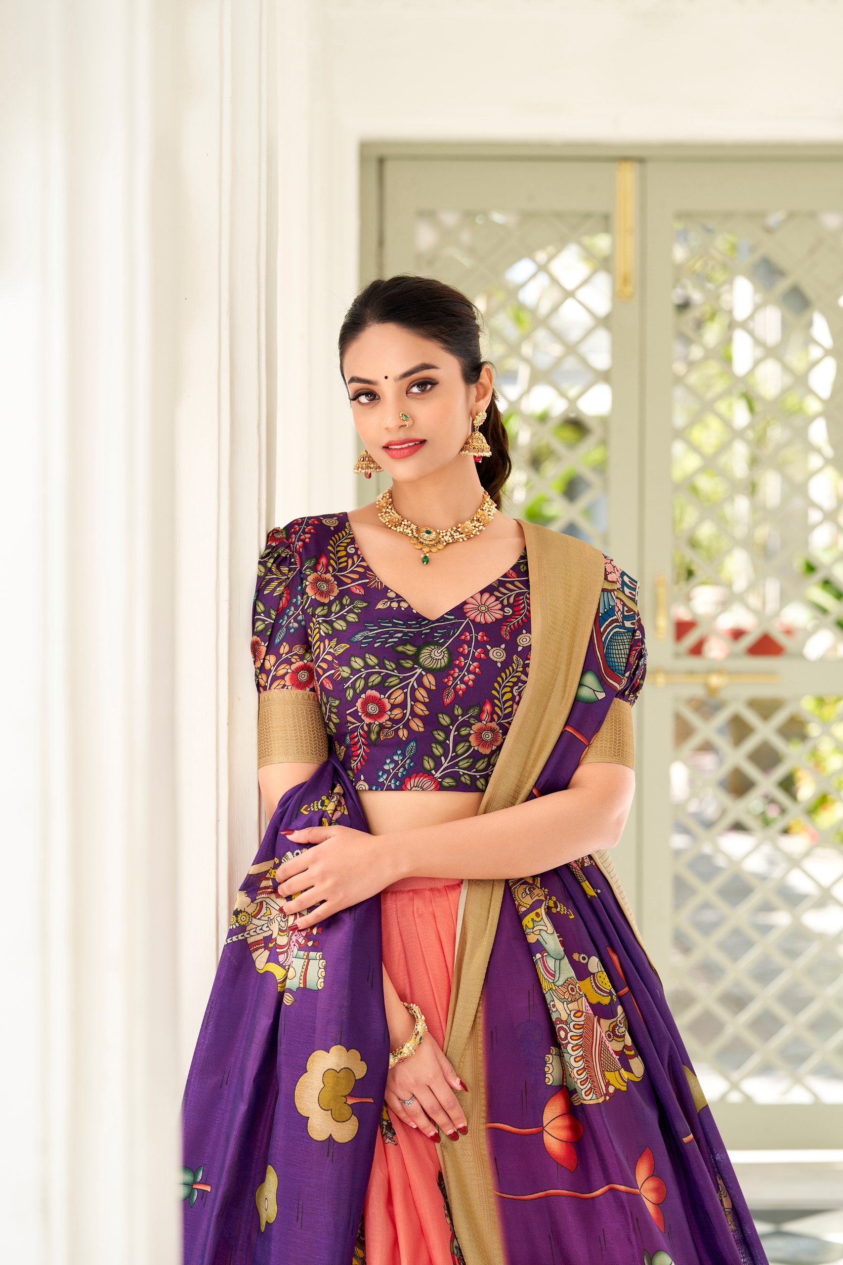 Peach Dola Silk Kalamkari Print With Weaving Border Lehenga Choli