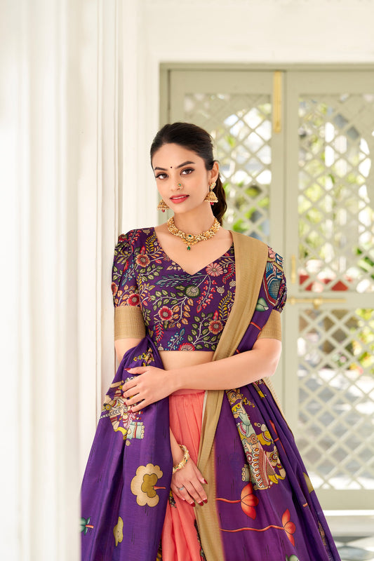 Peach Dola Silk Kalamkari Print With Weaving Border Lehenga Choli