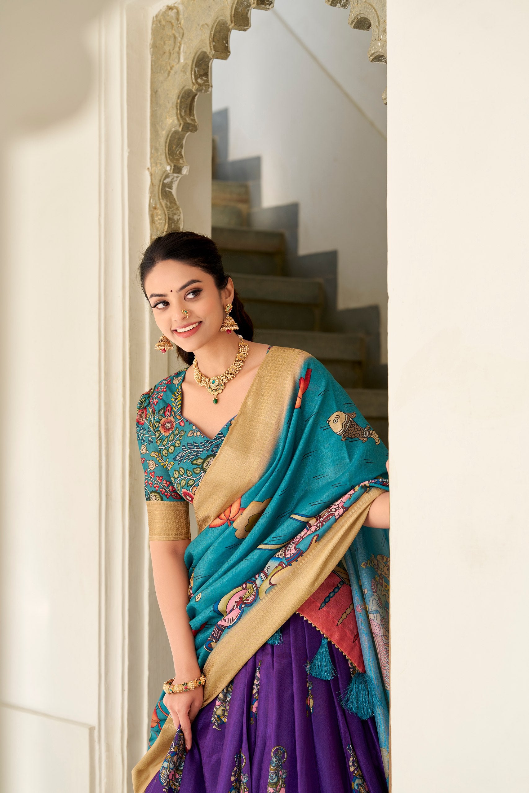 Purple Dola Silk Kalamkari Print With Weaving Border Lehenga Choli