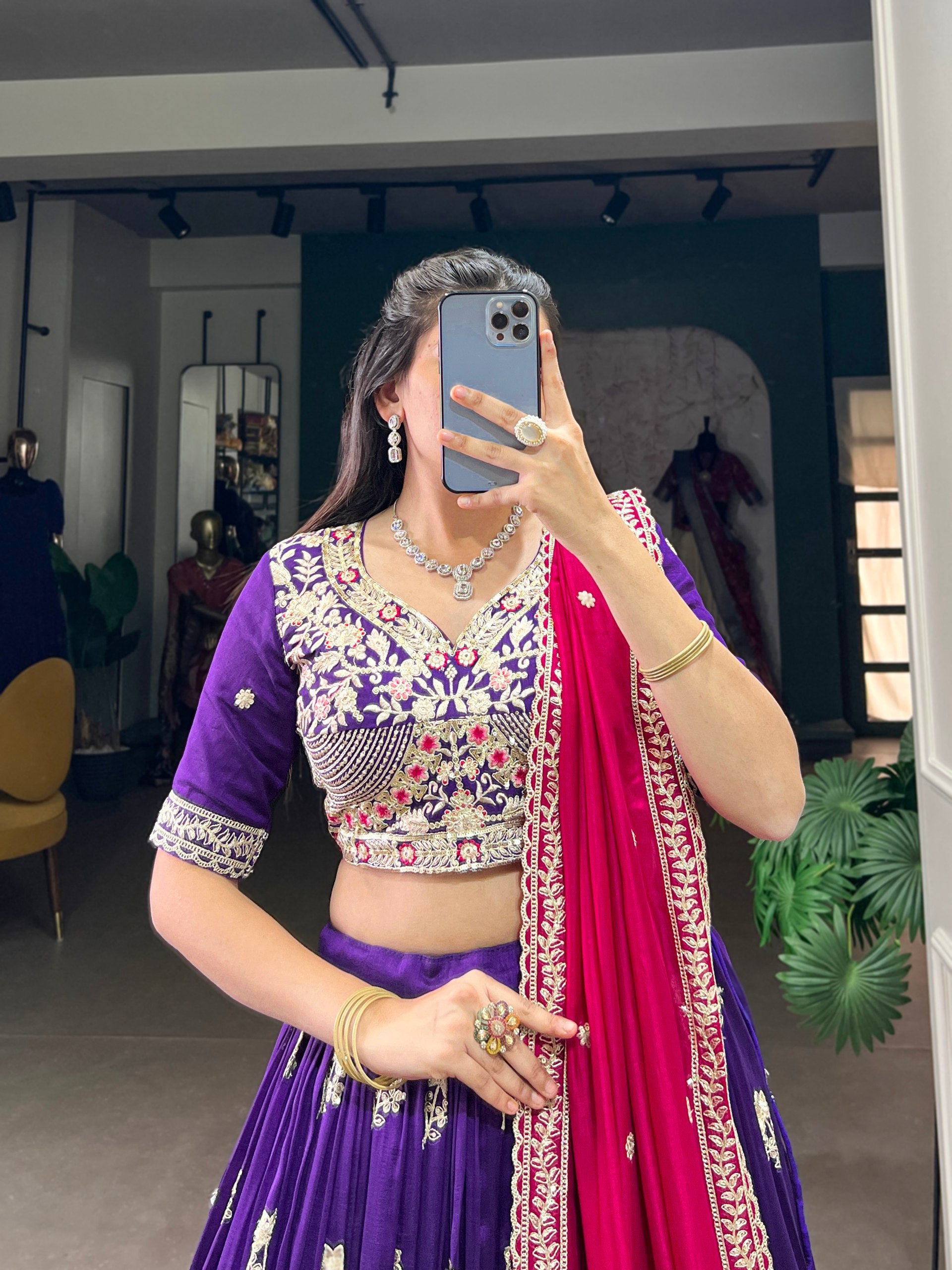 Purple Vichitra Silk Sequins And Thread Embroidery Work Lehenga Choli