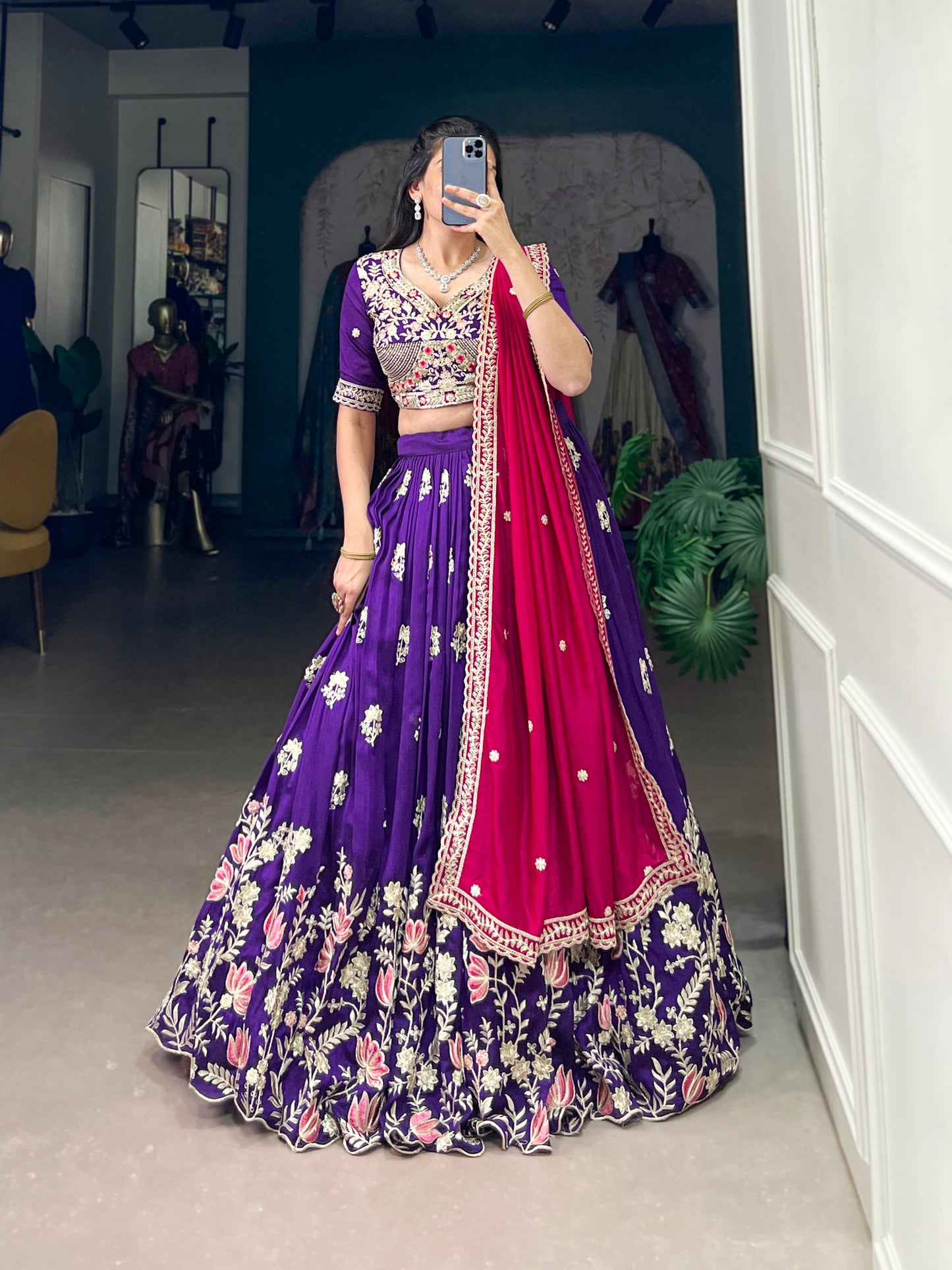 Purple Vichitra Silk Sequins And Thread Embroidery Work Lehenga Choli