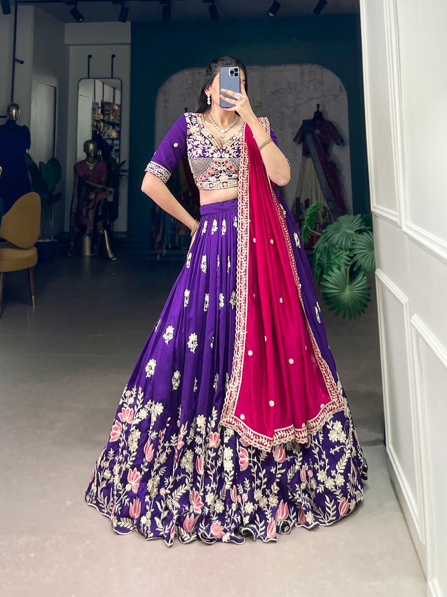 Purple Vichitra Silk Sequins And Thread Embroidery Work Lehenga Choli