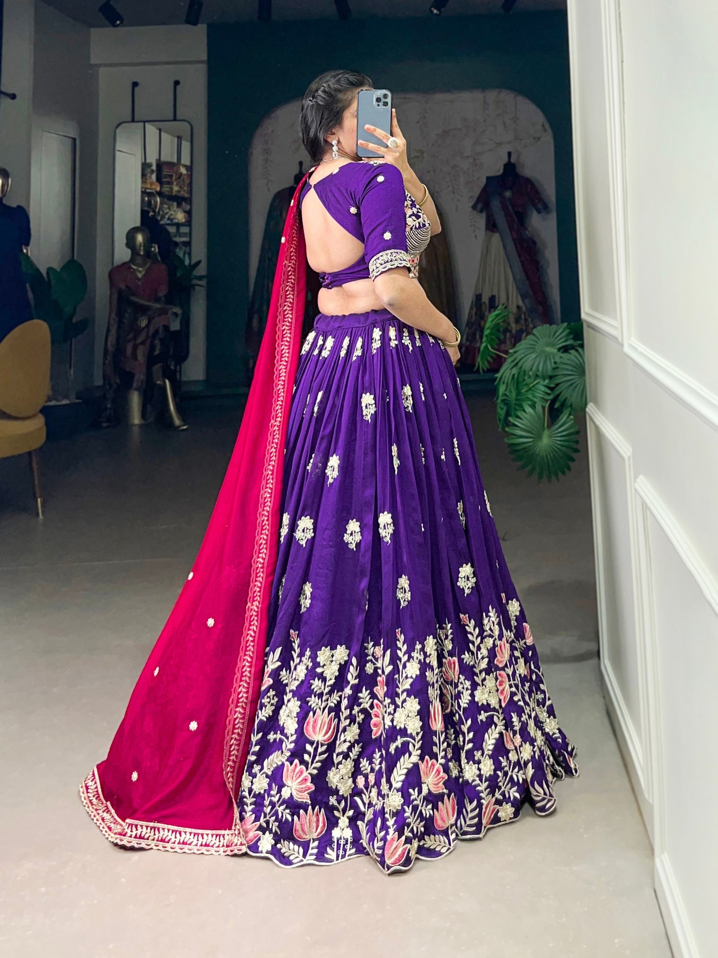 Purple Vichitra Silk Sequins And Thread Embroidery Work Lehenga Choli
