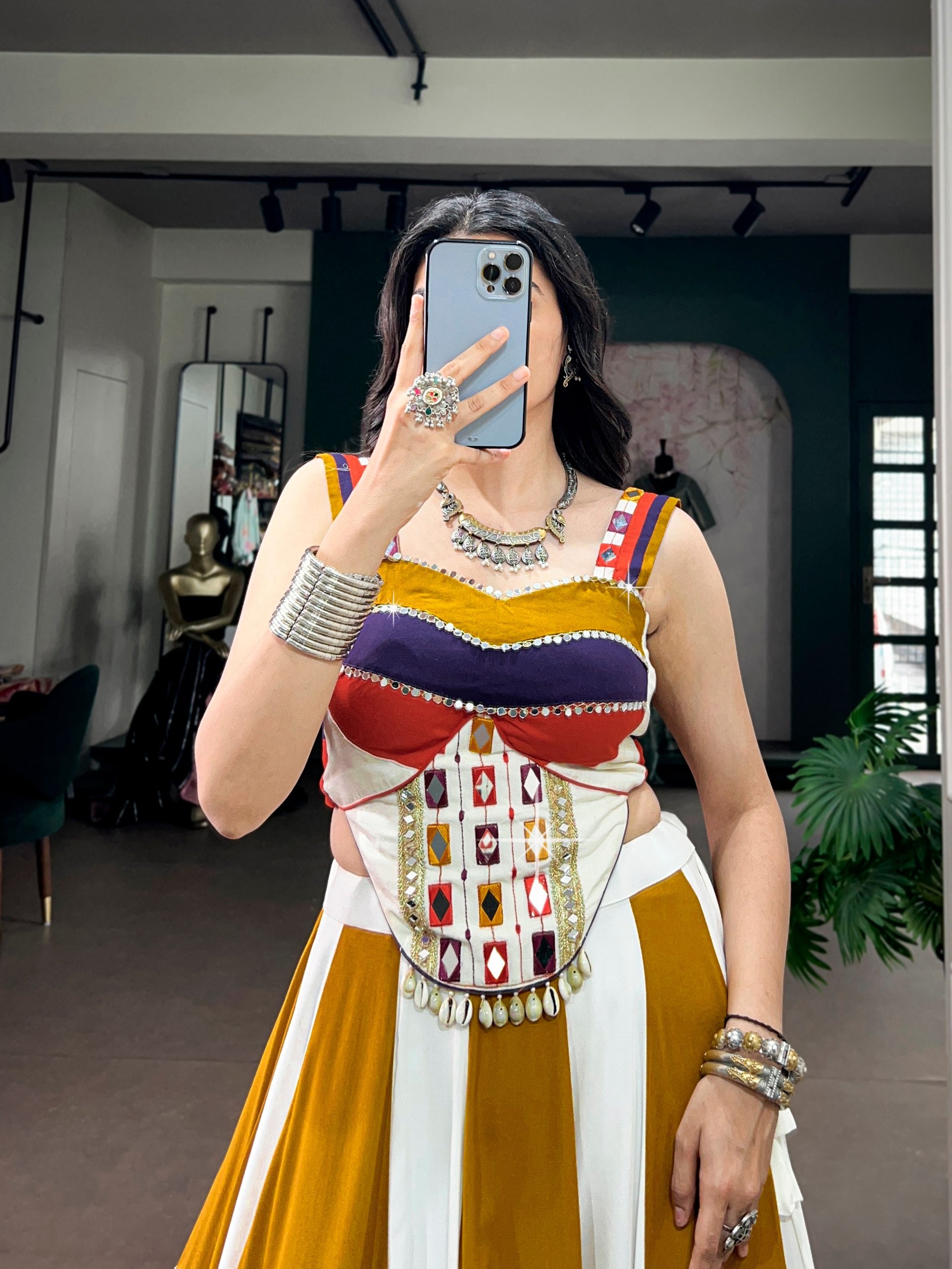 Multi-Color Block Soft Rayon Fabric Embellished With Authentic Mirror Work And Gota Patti Lace Navratri Chaniya Choli Set