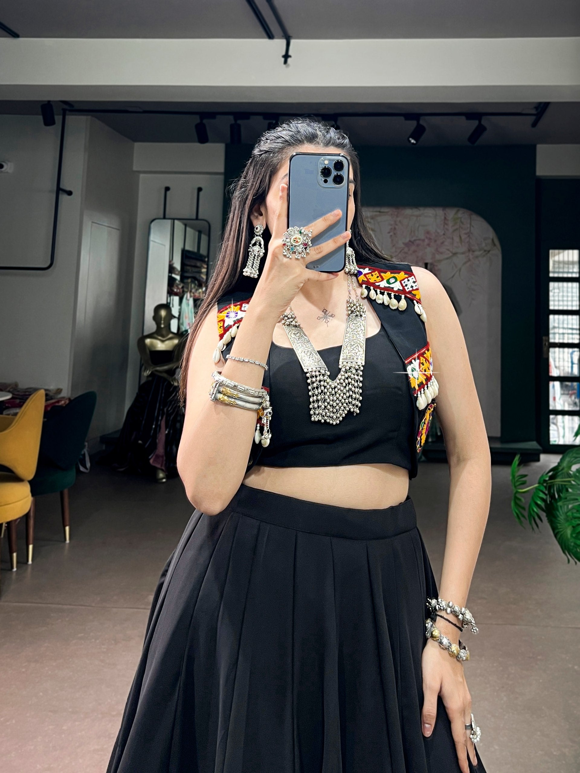 Black Lightweight Georgette Traditional Gamthi Work Jacket And Enhanced With Kodi Navratri Chaniya Choli Set